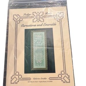 VTG Indigo Rose Cross Stitch Carnations And Emeralds Pattern Chart Rare Sampler